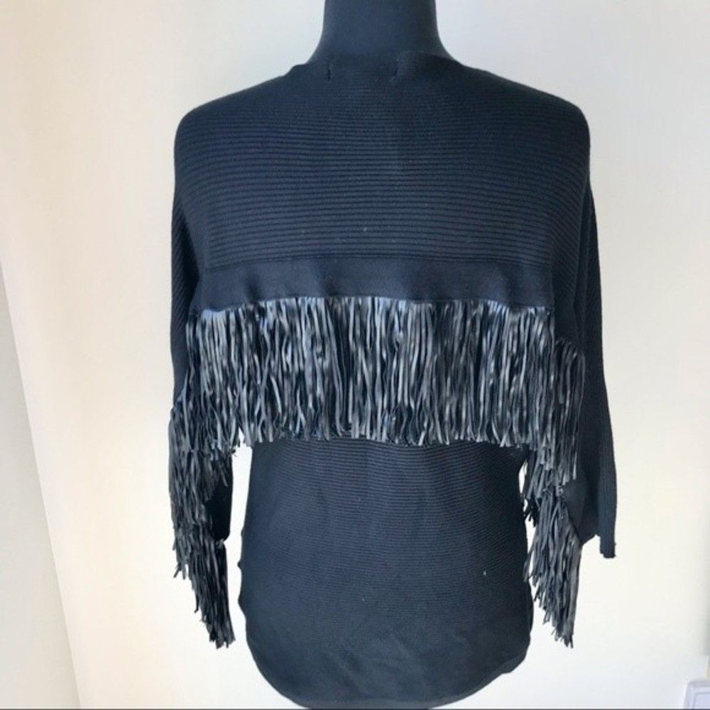 PATRIZIA LUCA MILANO Boho Fringe Pullover Top Western Sweater Stretch Black NWT